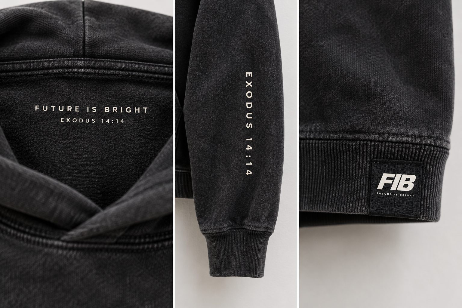 Hoodie details: neck print, sleeve verse, woven label