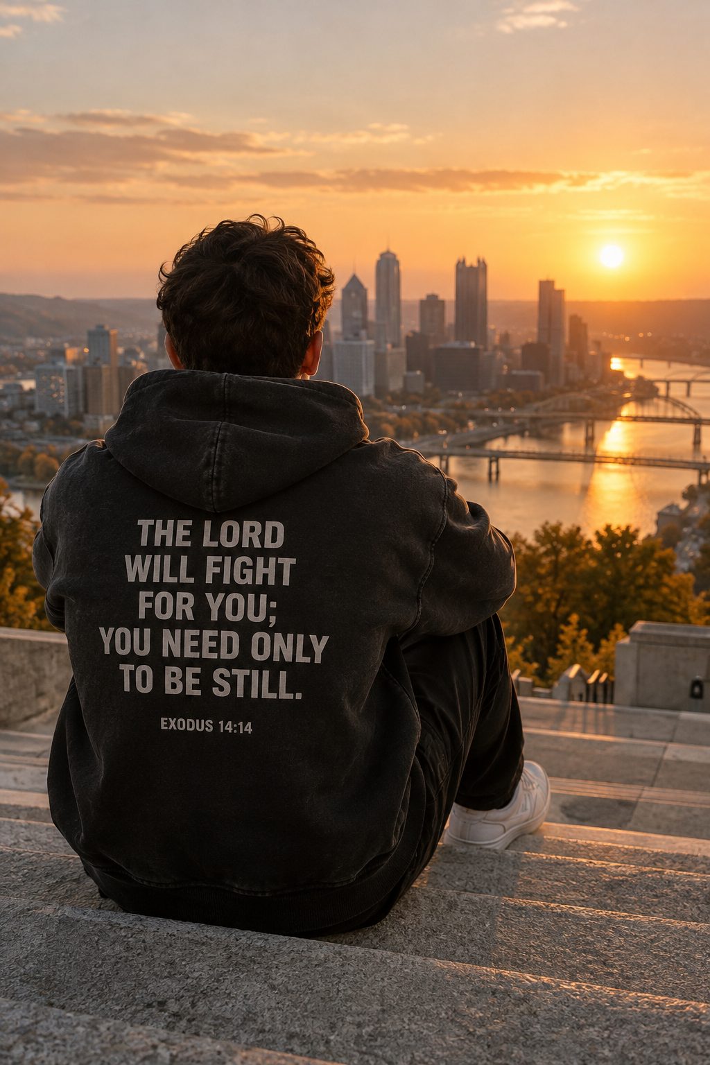 The Verse hoodie back print at sunrise