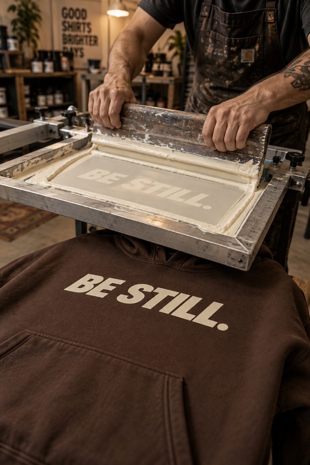Screen printing BE STILL onto a chocolate hoodie